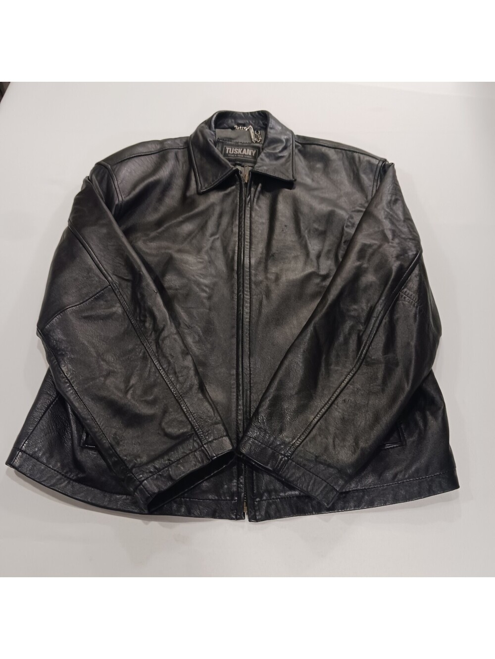 Tuskany Men's Black Full Zip Genuine Leather Bomber Jacket Size Large Chest 48
